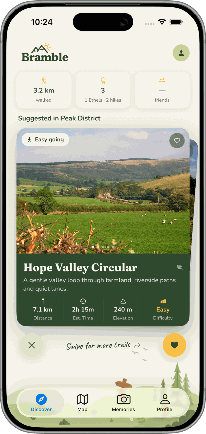 Bramble Discover screen with your stats and suggested trails