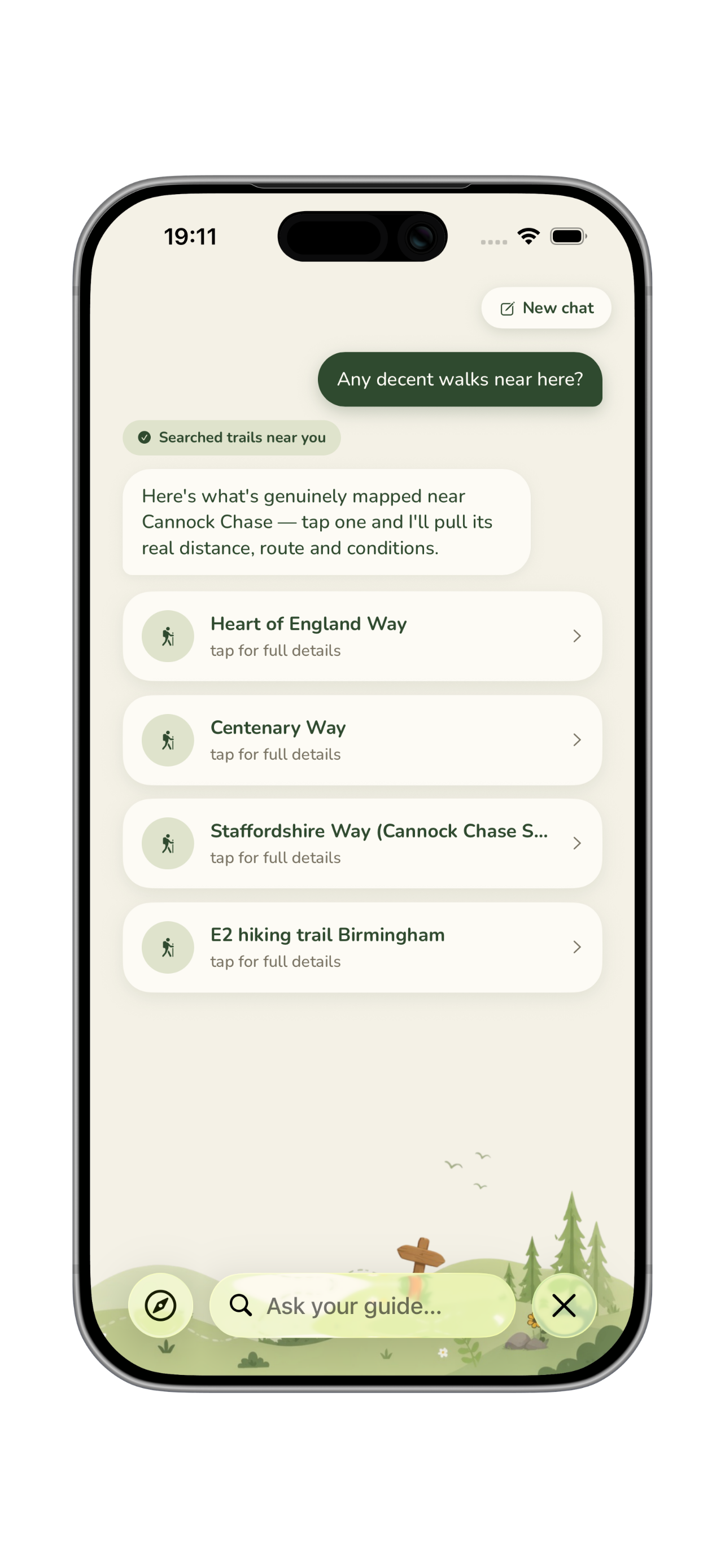 The Bramble guide answering 'any decent walks near here?' with real mapped trails as tappable cards