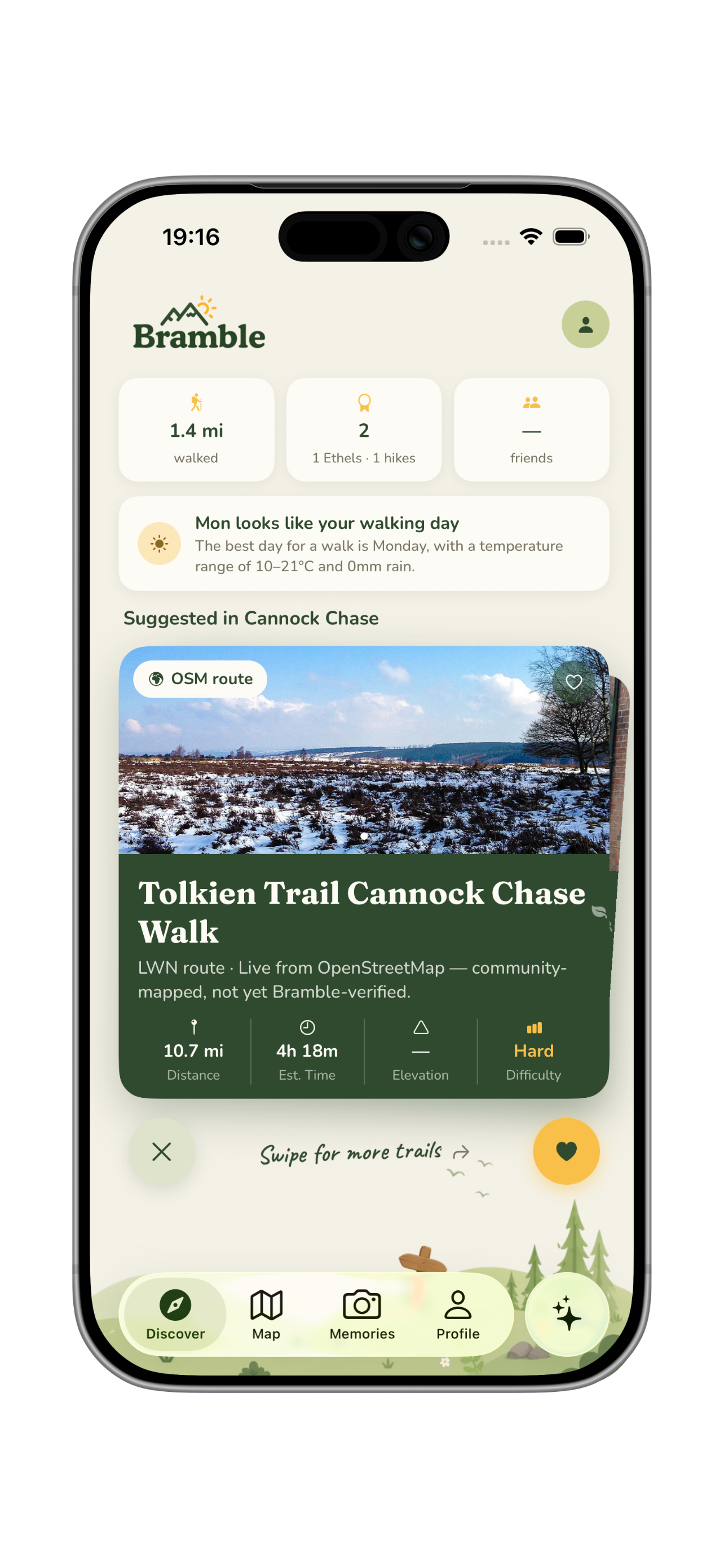 Bramble Discover screen with your stats, week-ahead digest and suggested trails